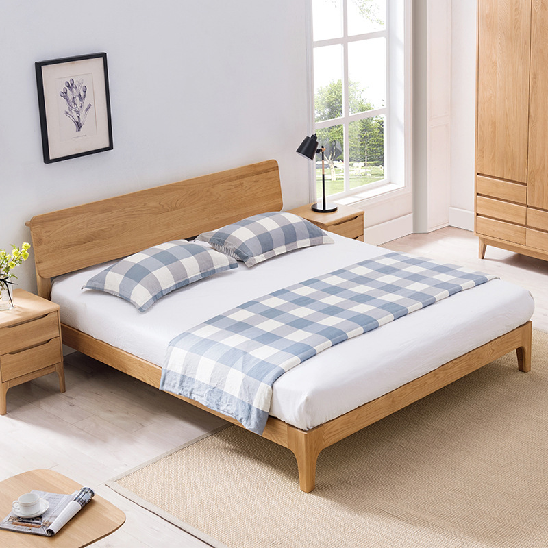 高端全橡木北欧床红橡白橡床1.5双人床原木色1.8时尚简约实木气压