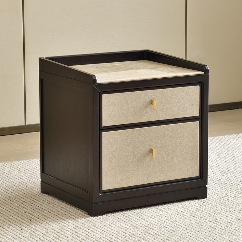 新中式双抽大理石床头柜卧室实木收纳柜禅意民宿样板房家具定制