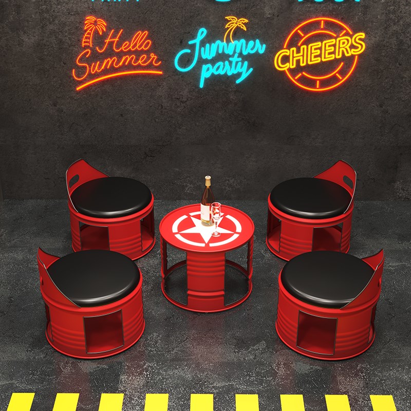 创意油桶卡座沙发办公室接待室酒吧服装店工业风铁艺桌椅茶几组合