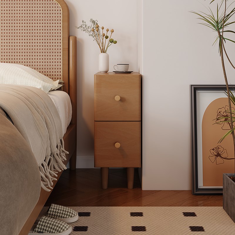 实木极窄床头柜小户型卧室超窄床边柜夹缝柜中古风床头30cm窄边柜