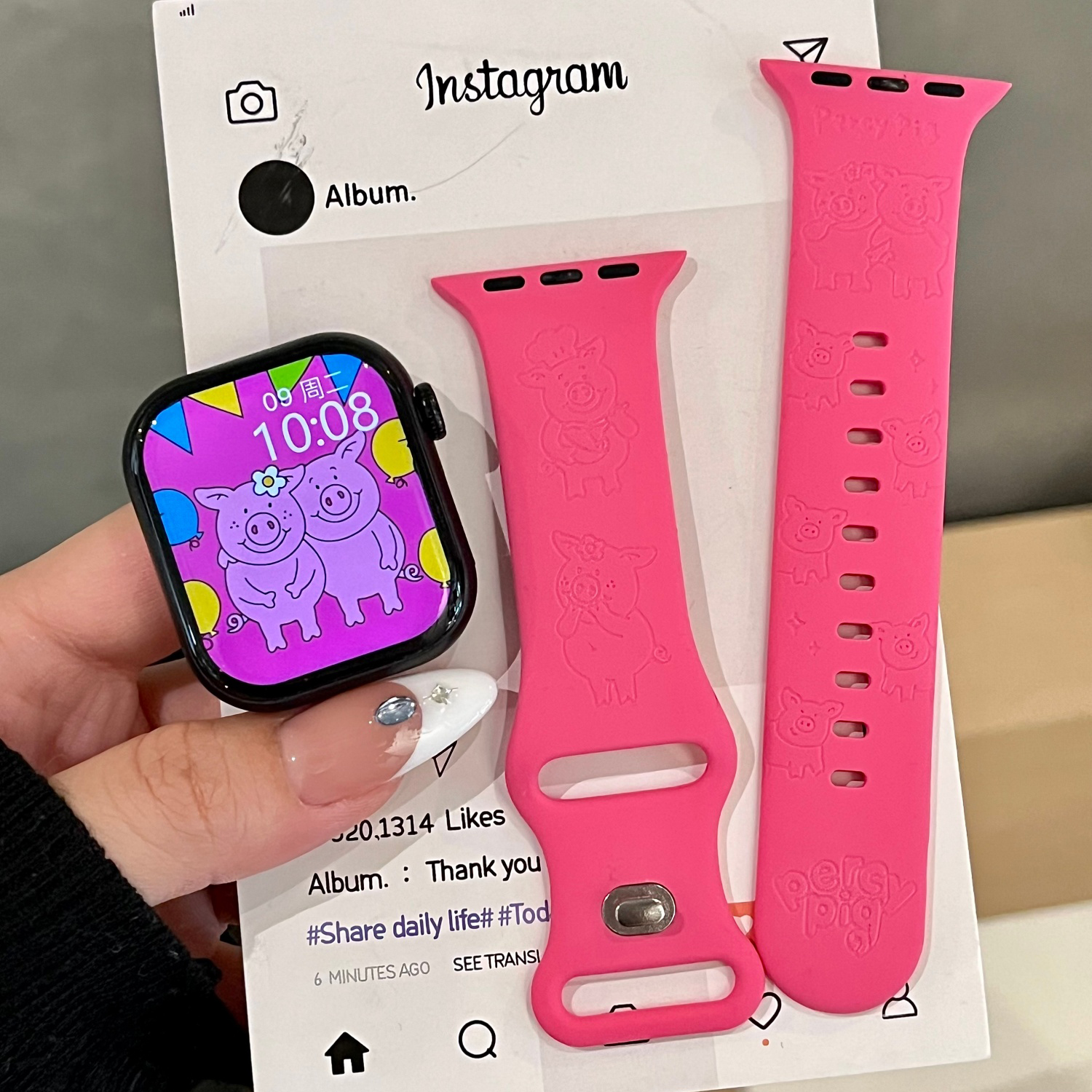 玛莎猪适用苹果手表表带iwatchS11/10/9硅胶Apple玫红2ultra萌SE