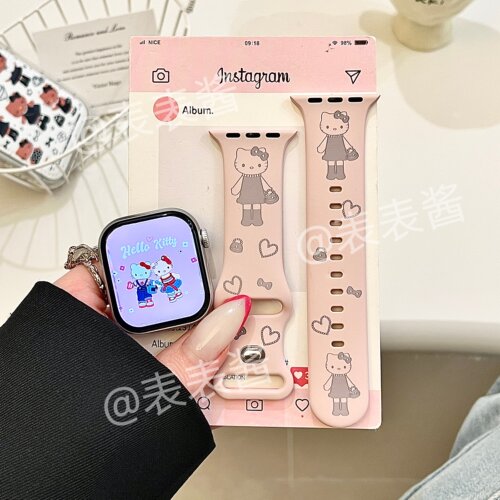 粉色长腿猫咪适用iwatchs11/10苹果手表表带SE硅胶Applewatchs9/8