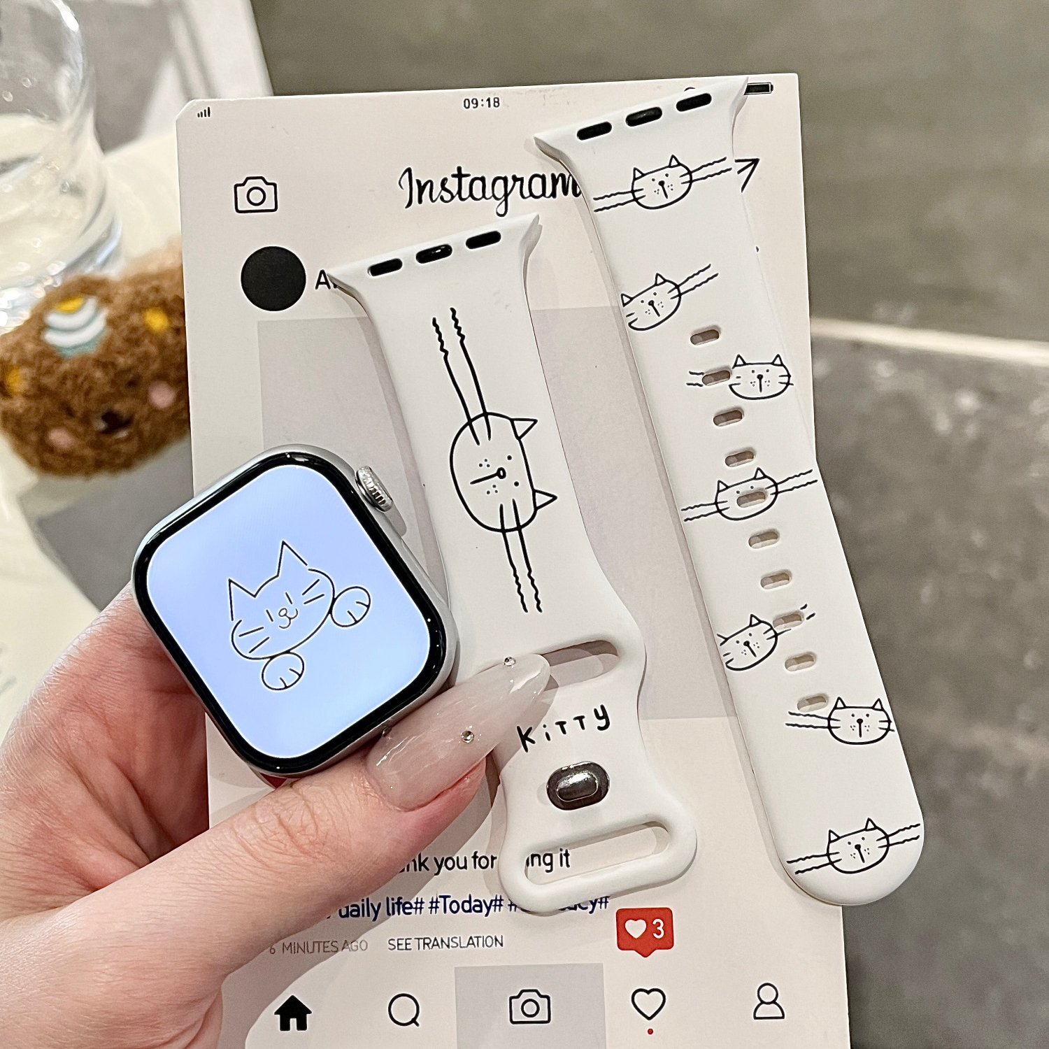 卡通猫咪适用苹果手表表带iwatchS11/10/9硅胶Apple白2ultra萌SE