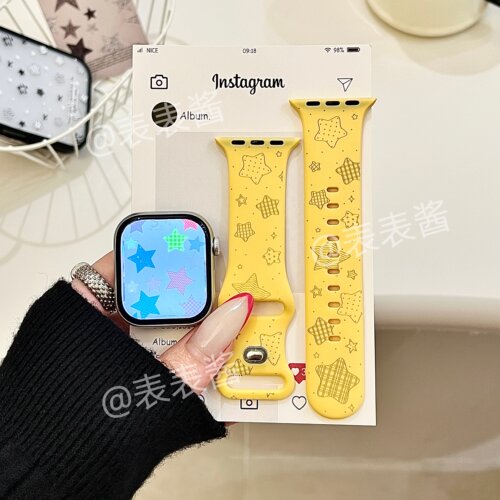 简约格纹星星适用iwatchs11/10苹果手表表带SE硅胶Applewatchs9/8