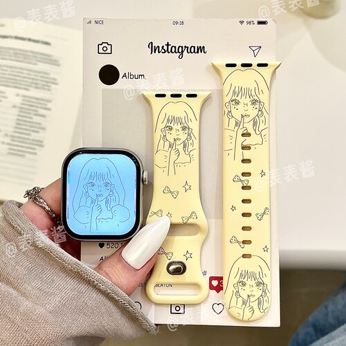 漫画女孩适用iwatchs12/11卡通10苹果硅胶SE表带Applewatch9/8/7