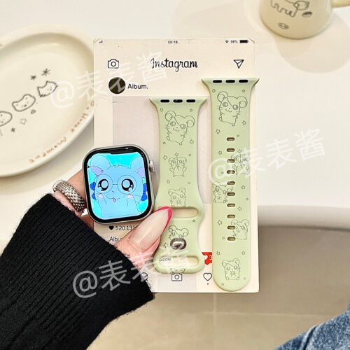 嫩绿色哈姆太郎适用iwatchs11/10苹果手表表带SE硅胶Applewatchs9