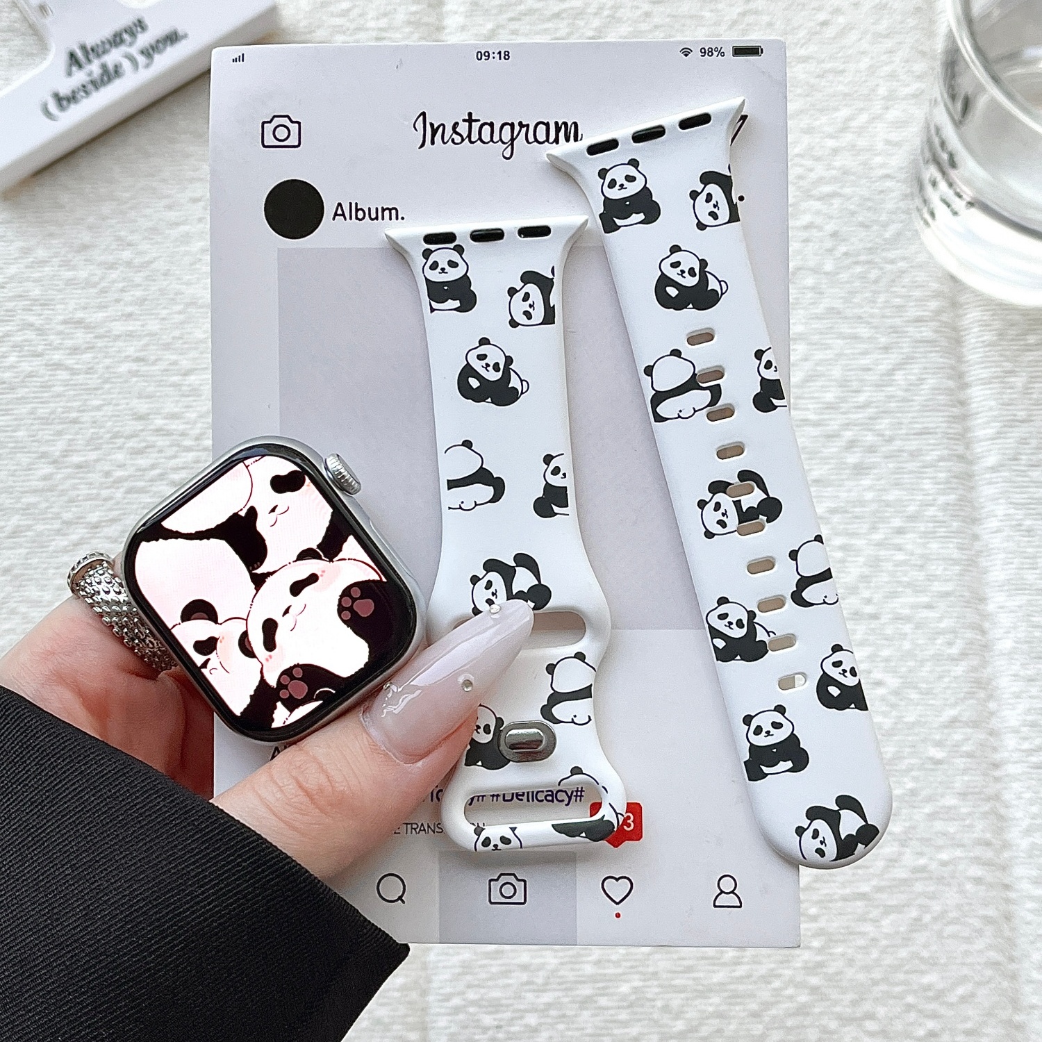 熊猫适用苹果手表表带iwatchS11/10/9硅胶Apple白色2ultra可爱SE
