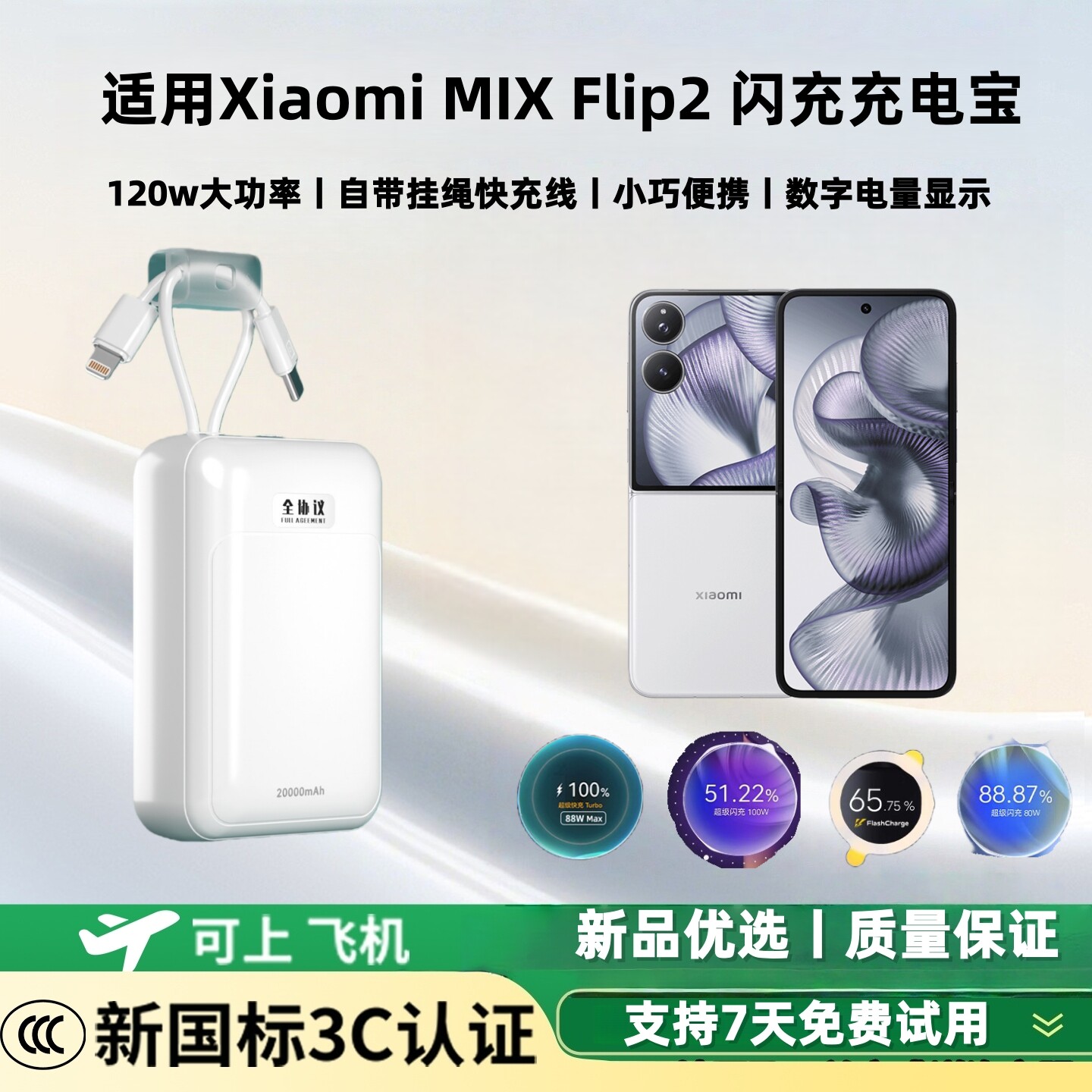 【新国标3c认证 可上飞机】适用小米MIXflip2闪充充电宝120w/100w/80w超级双向快充大容量20000毫安移动电源