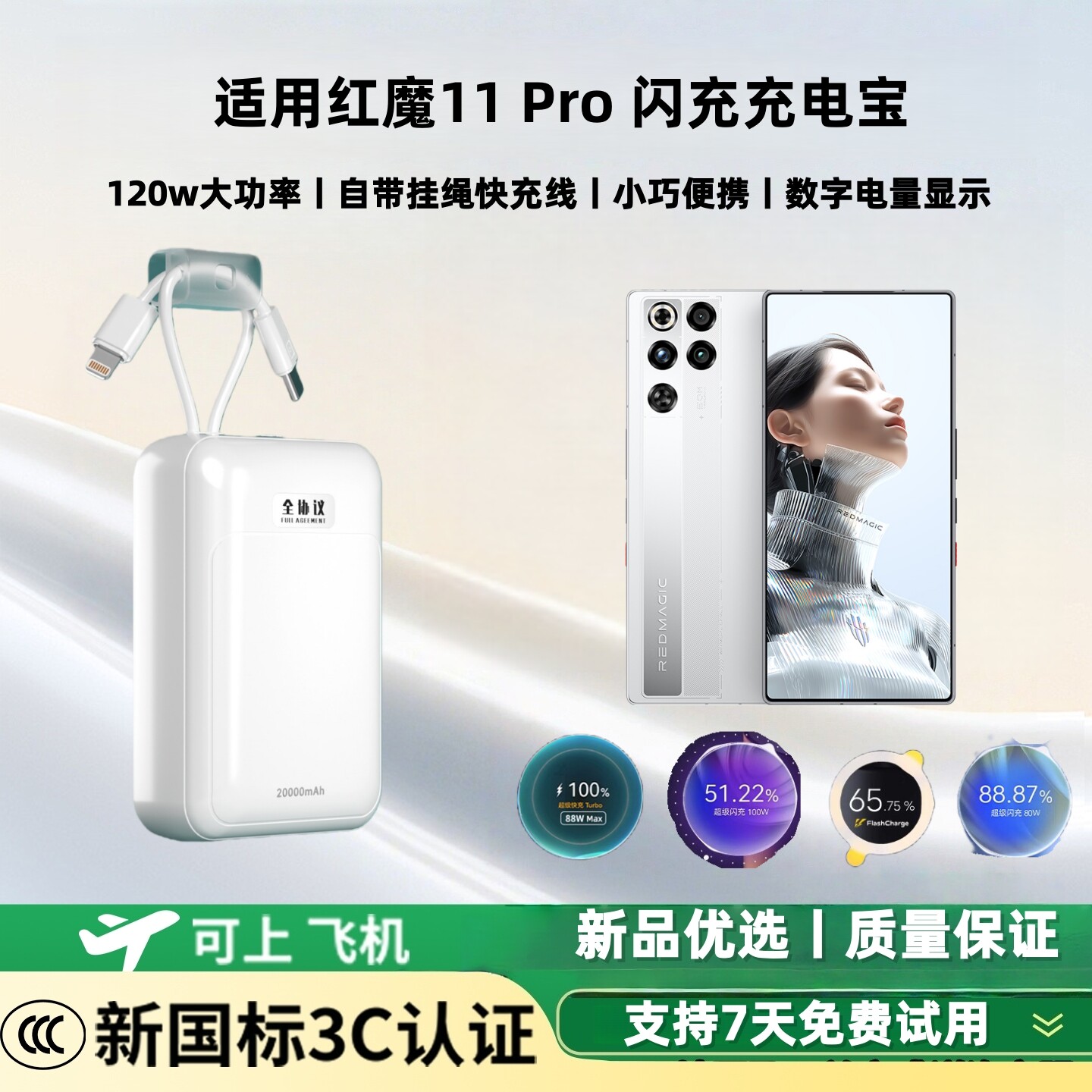 【新国标3c认证 可上飞机】红魔11Pro闪充充电宝120w/100w/80w超级双向快充大容量20000毫安移动电源