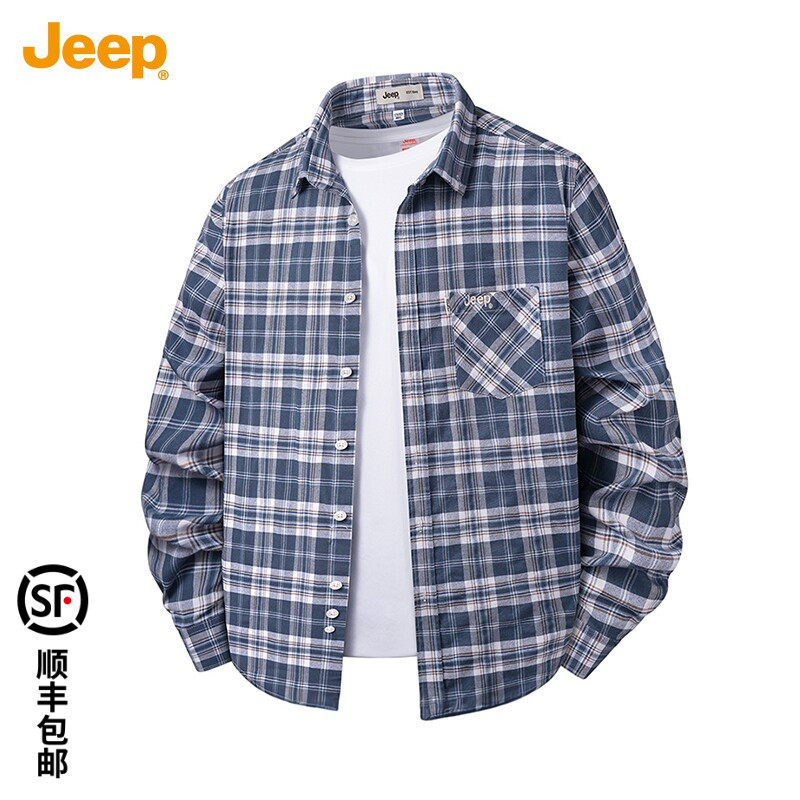 JEEP/吉普长袖衬衫男春夏纯棉宽松水洗开格子纹衬衣休闲打底衫
