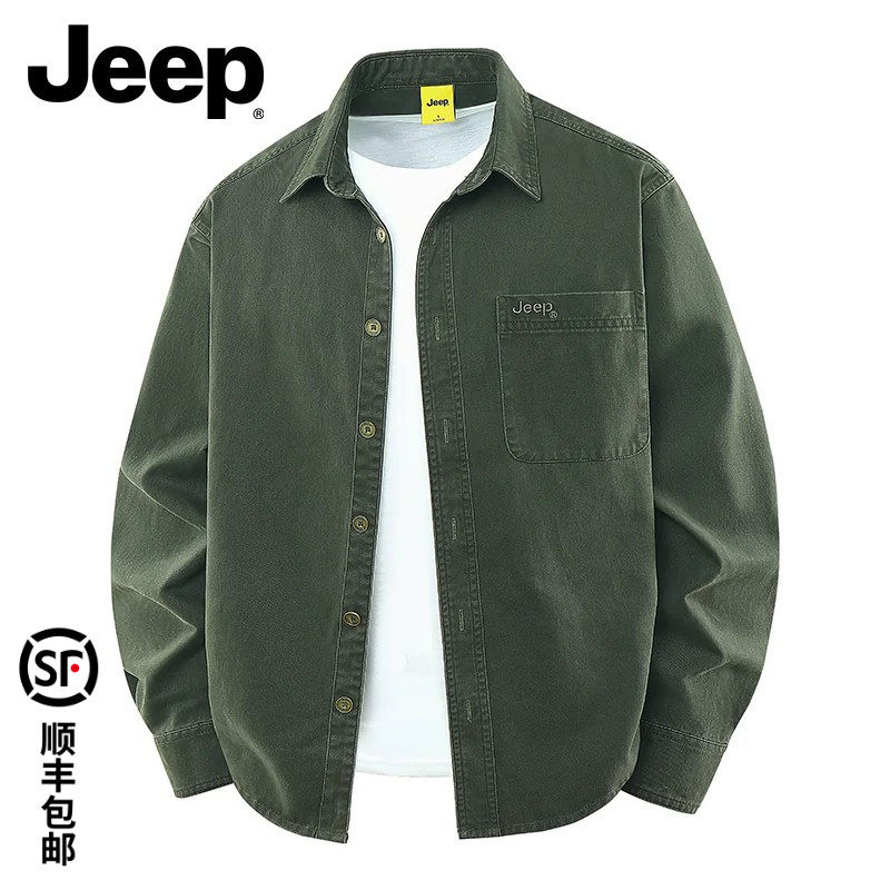 JEEP/吉普纯棉长袖衬衫男春秋季美式休闲户外宽松大码衬衣外套