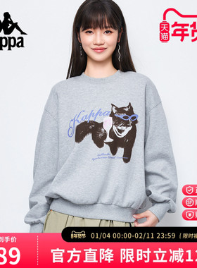 Kappa卡帕 灰色圆领猫咪印花厚卫衣女秋冬新款长袖套头衫休闲上衣