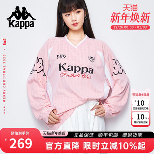Kappa卡帕美式 球衣粉T恤上衣 v领运动风撞色卫衣女2025秋宽松长袖