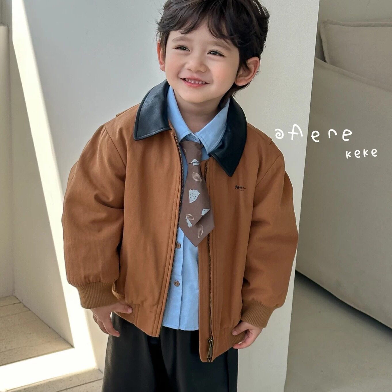 aenekeke复古工装皮领童装夹克
