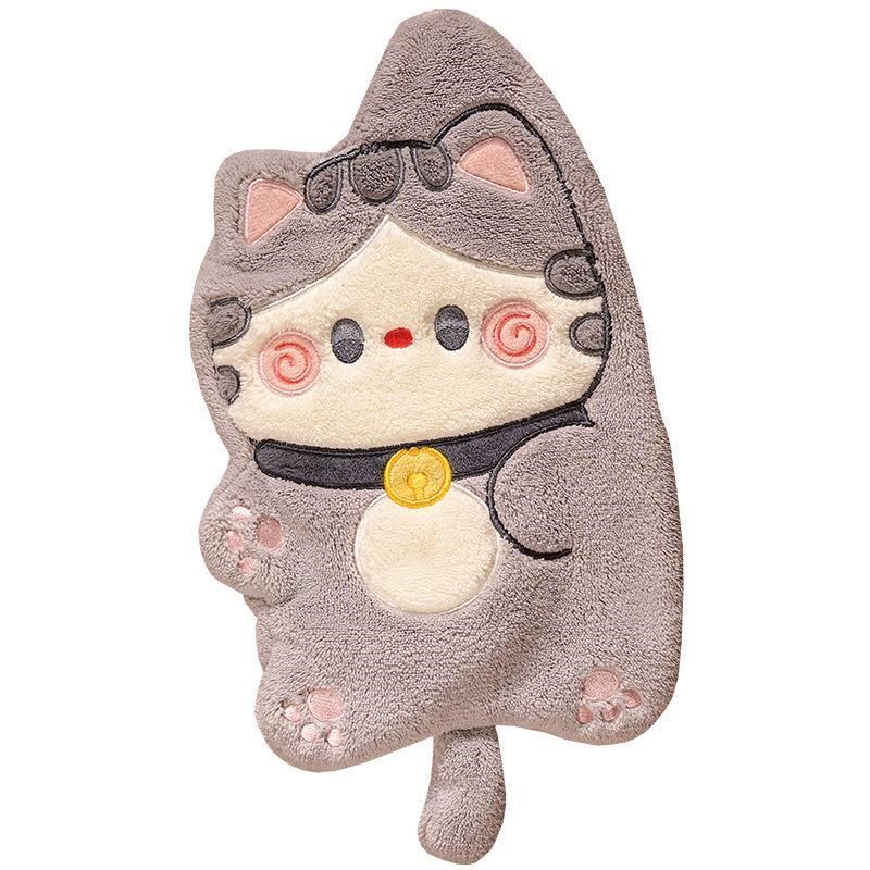 卡通猫咪珊瑚绒擦手巾厨房可挂式加厚吸水毛巾两用卫生间小猫抹布