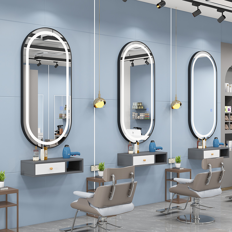 理髲店镜台发廊剪发镜美容美发铝合金美发镜子实木柜挂墙带灯