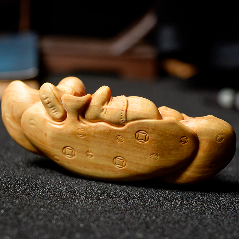 小叶黄杨木雕刻招财金融大鳄大亨横财神爷手把玩件男士文玩小摆件