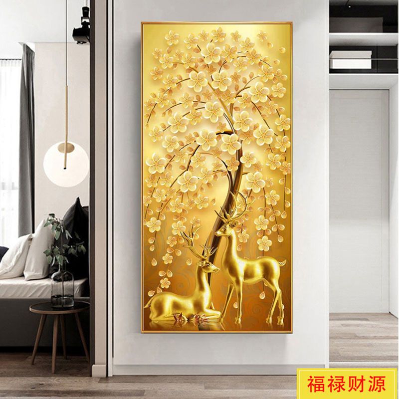玄关发财树装饰画晶瓷画入户客厅A竖版壁画新中式晶钻画摇钱树挂图片