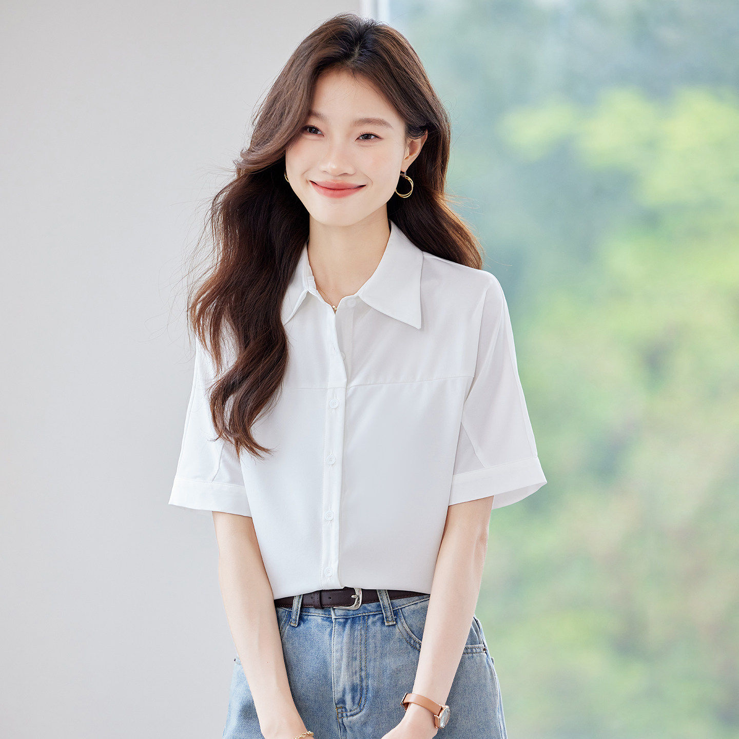 白色雪纺短袖衬衫2026新款女士小个子职业面试正装衬衣前台工作服