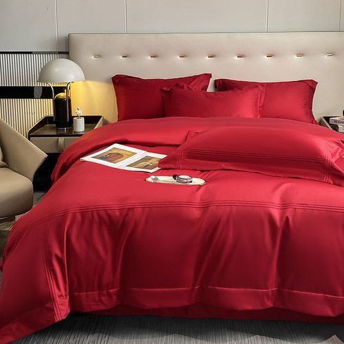 结婚铺床上用品大红色简约纯色四件套新婚庆100支长绒棉喜被直销