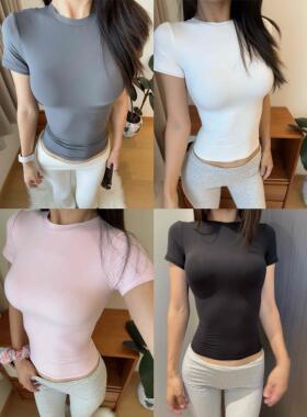 李琴琴正肩性感2026夏季新款紧身掐腰修身奶皮衣显瘦短袖T恤内搭