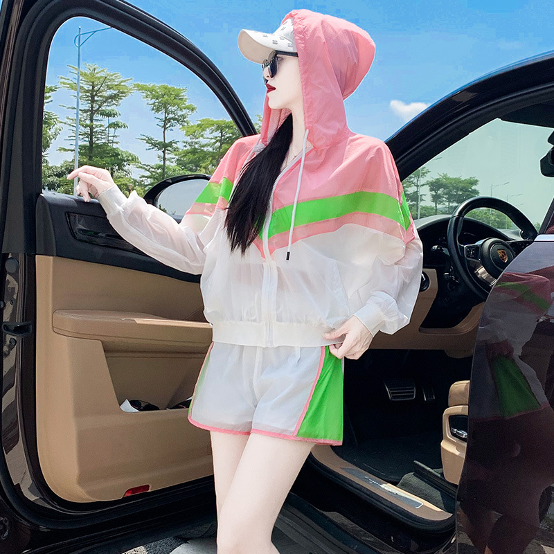 连帽长袖套装2022夏季拼色上衣胖mm大码女装短裤子遮肉显瘦两件套