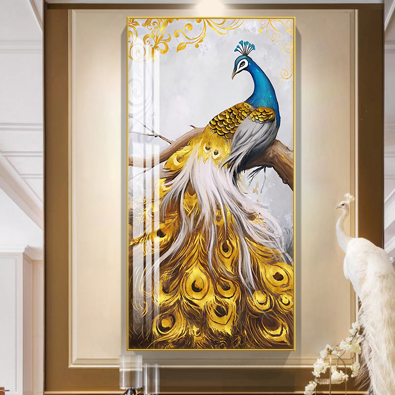 网红入户玄关装饰画新中式过道走廊尽头墙面壁画现代简约竖版孔雀图片