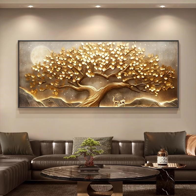 轻奢高级感发财树客厅装饰画墙壁挂画横幅壁画浮雕立体感沙发背景图片