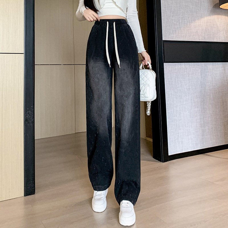 加绒阔腿牛仔裤女2025年秋冬新款松紧腰抓纹大码窄版直筒休闲裤子