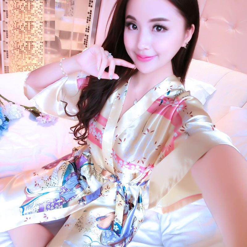 夏季短袖真丝睡衣女士性感睡袍中长款韩日式和服系带浴袍丝绸睡裙