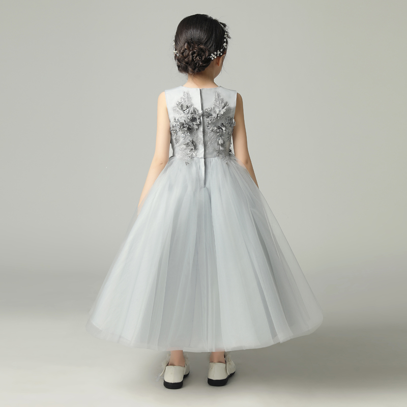 儿童礼服公主裙蓬蓬纱灰色婚纱长裙中大童钢琴模特演出服洋气