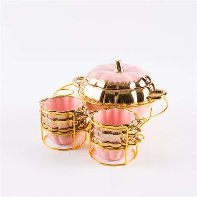 南瓜金色汤锅套装pot跨境 pumpkin陶瓷金色架子金边南瓜汤锅套装