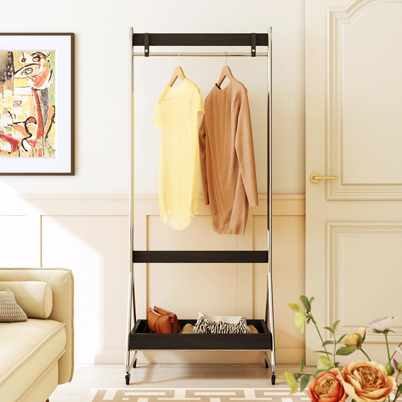 可移动衣帽架全身镜一体落地卧室小户型不锈钢带穿衣镜挂衣架实木