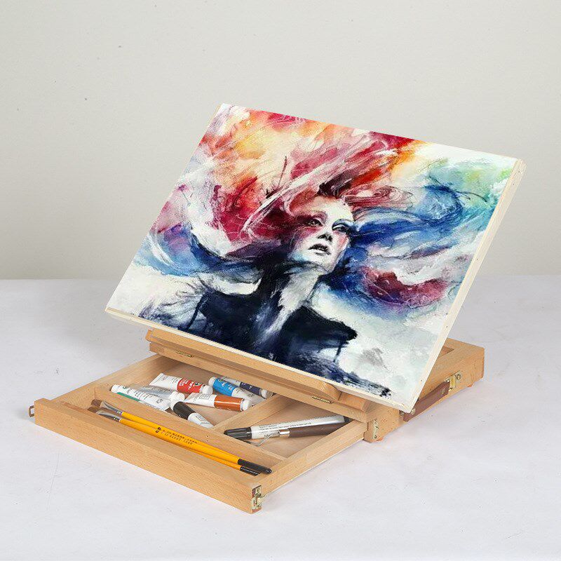 绘岳榉木抽屉式画盒桌面画架实木手提便携式多功能写生工具箱收纳