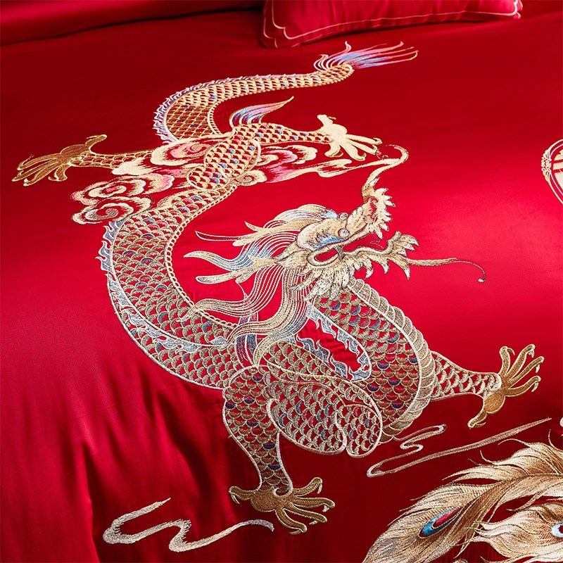 奢华高端婚庆长绒棉四件套结婚礼大红色新婚喜被套结婚陪嫁龙凤