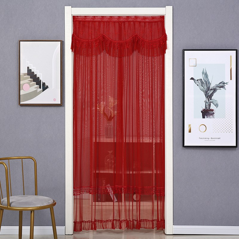 免打孔婚庆用品大红门帘结婚房喜庆防蚊纱蕾丝帘隔断帘家用长陵星