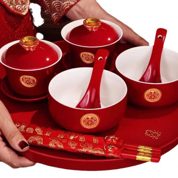 旭菲敬茶杯结婚改口敬酒茶杯套装喜碗婚礼对碗娘家陪嫁用品红色碗
