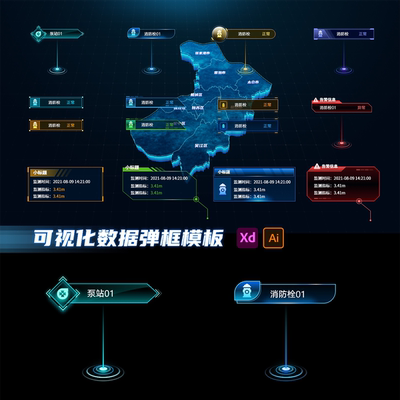 科技线框风可视化大屏点位弹窗AIXD分层UI页面设计全套素材源文件