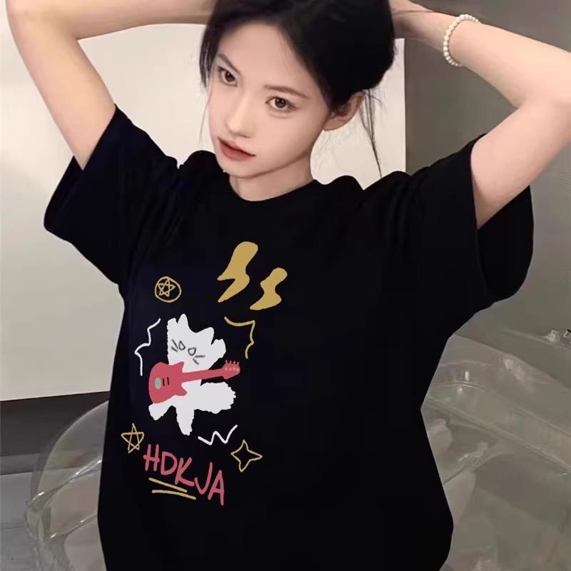 2025新款大码夏季纯棉短袖t恤女黑色设计感小众美式宽松半袖上衣