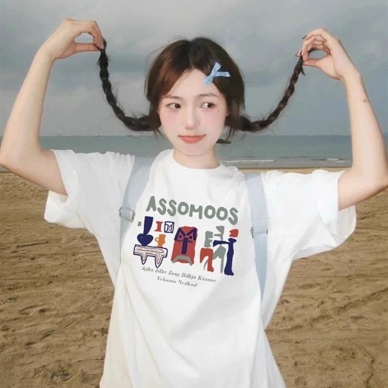 纯棉短袖t恤女夏季2025新款宽松正肩白色小众设计感美式半袖上衣