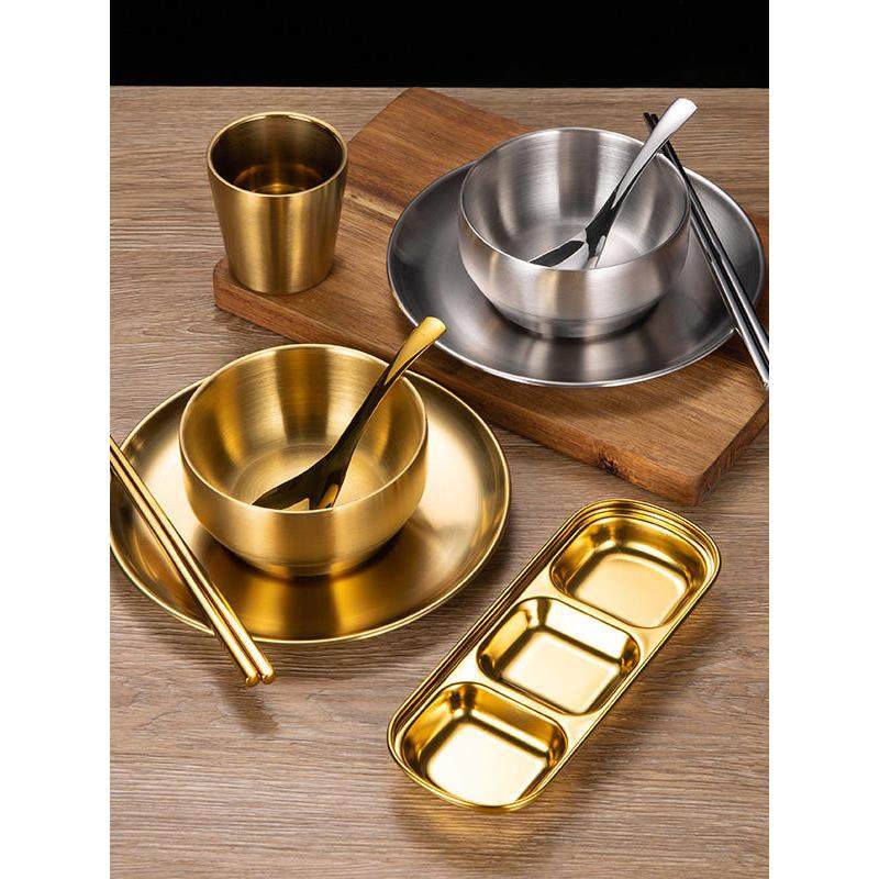 韩式304不锈钢碗碟套装金色米饭碗盘杯蘸料碟筷勺商用烤肉店餐具,餐饮具,碗,淘宝优惠券,粉丝福利购,淘宝优惠卷