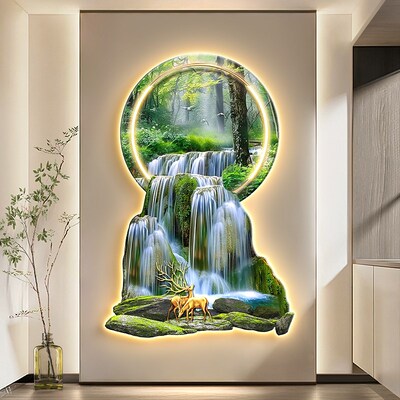 山水风景玄关装饰画流水生财走廊尽头挂画新中式入户进门带灯壁画