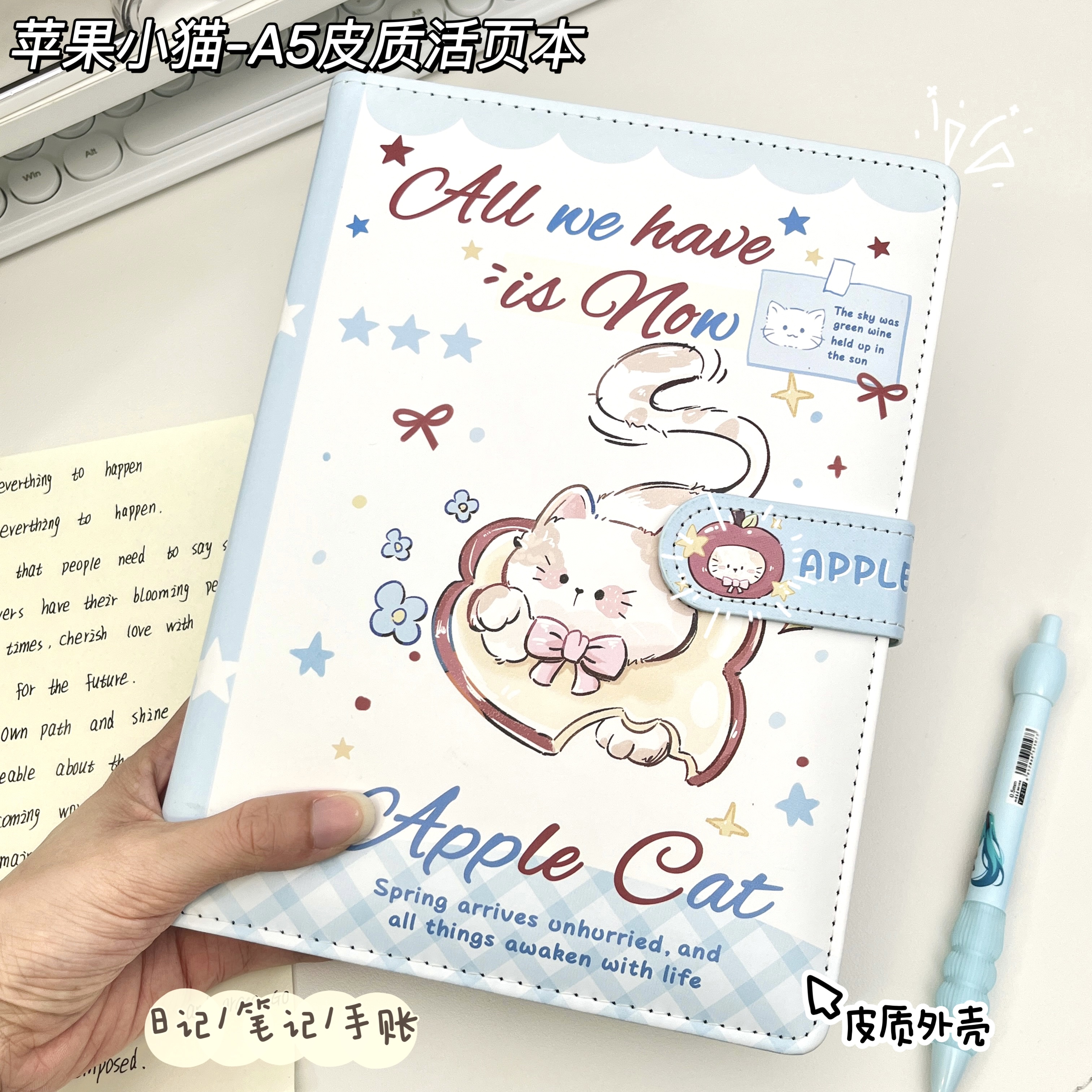 苹果小猫A5活页本pu皮面笔记本2025年新款学生高颜值ins风初高中生专用可拆卸替换芯活页本手账记事本日记本