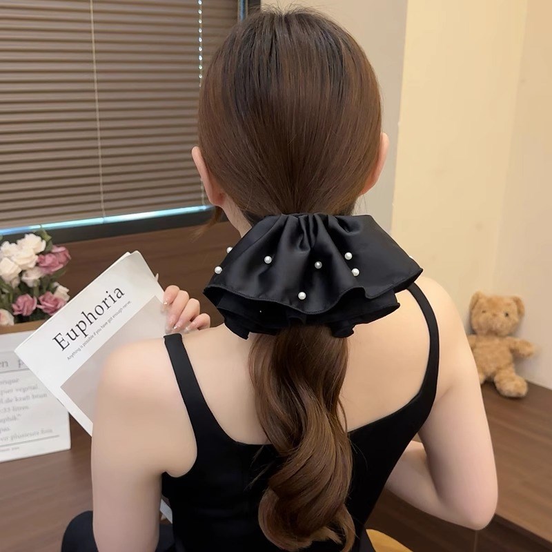 流光缎面珠珠半圆裙摆q发圈高级感大号低马尾百搭发圈绑头发绳头