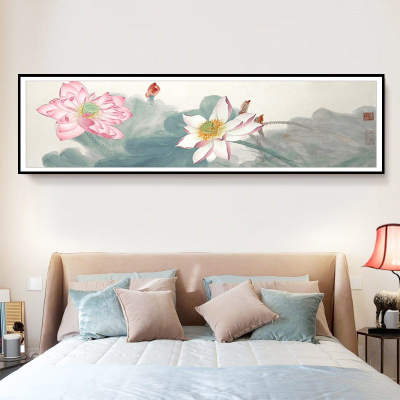 新中式现代简g约壁画怀旧古韵水墨荷花挂画温馨大气卧室床头装饰图片