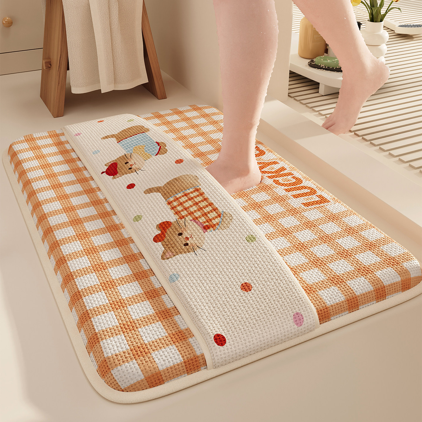 浴室防滑垫卡通加厚记忆海绵绑带吸水擦脚地毯卫生间厕所门口地垫
