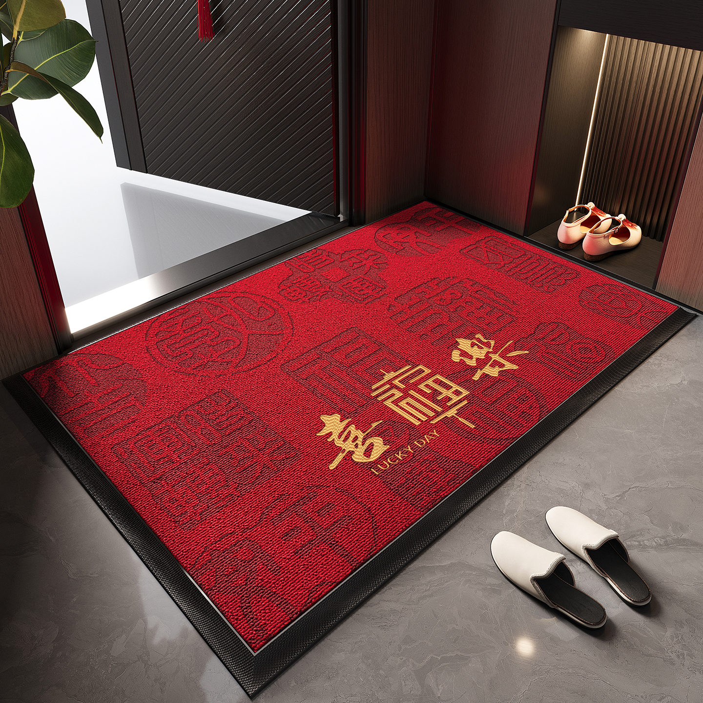 红色入户门地垫耐脏除尘防滑脚垫豪宅大门口高端地毯别墅玄关门垫