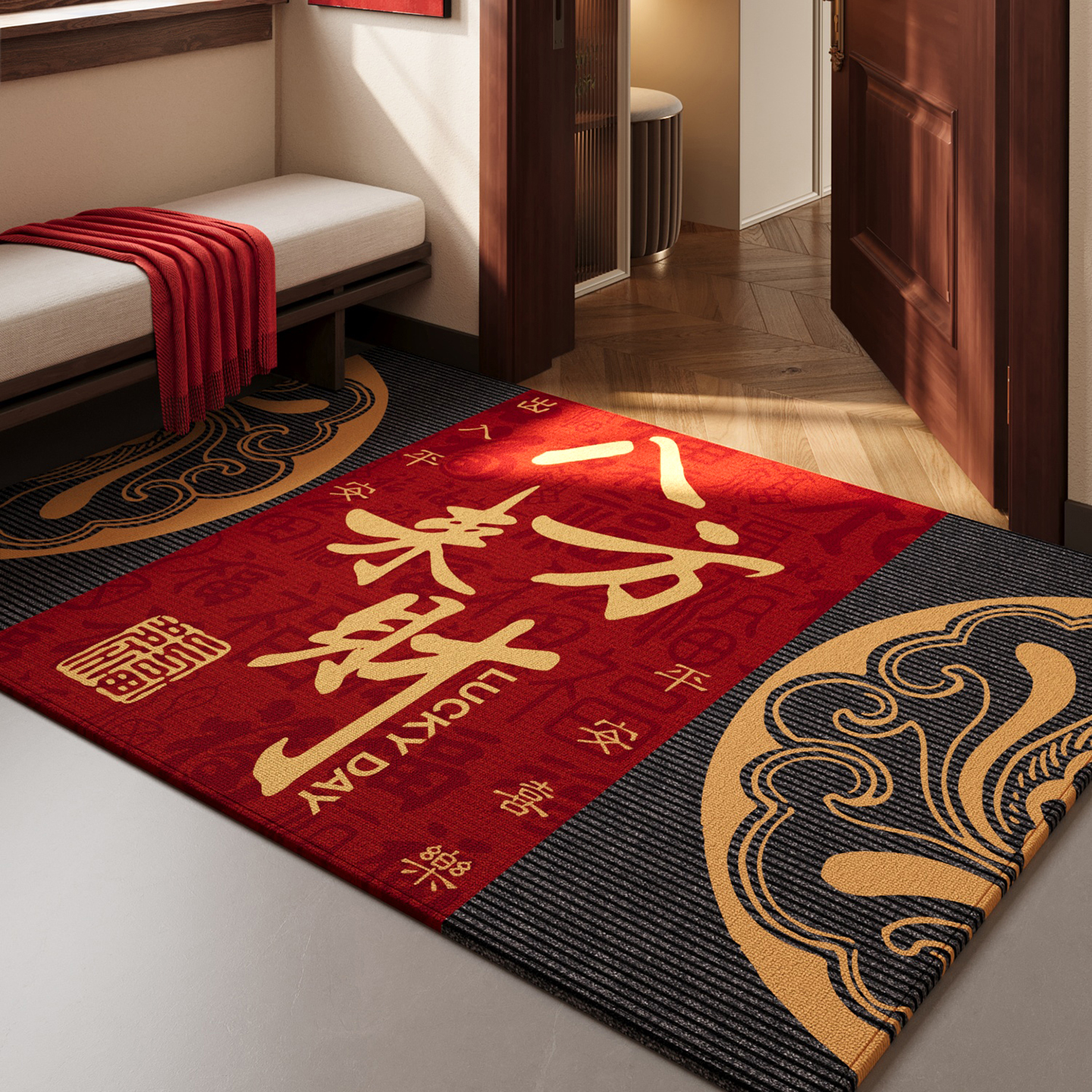 新中式入户门地垫大门口防滑脚垫玄关耐脏除尘地毯可裁剪定制门垫