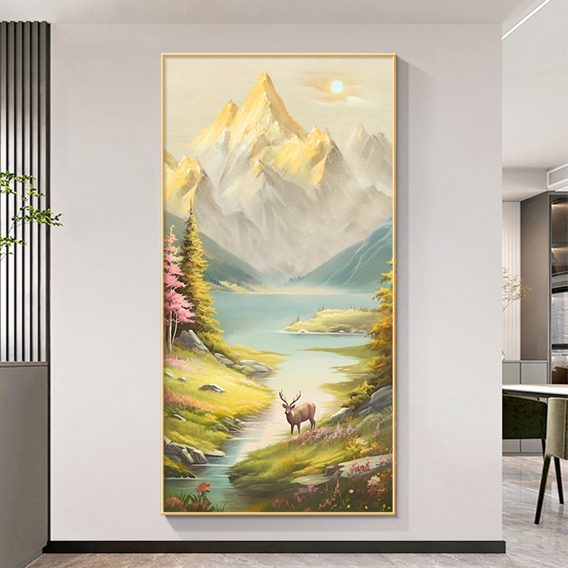 日照金山玄关装饰k画吉祥福鹿客厅走廊过道挂画高级油画感竖版壁图片
