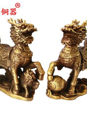 宇卓铜器纯铜麒麟戏珠麒麟踩小麒麟工艺品摆件黄铜麒麟